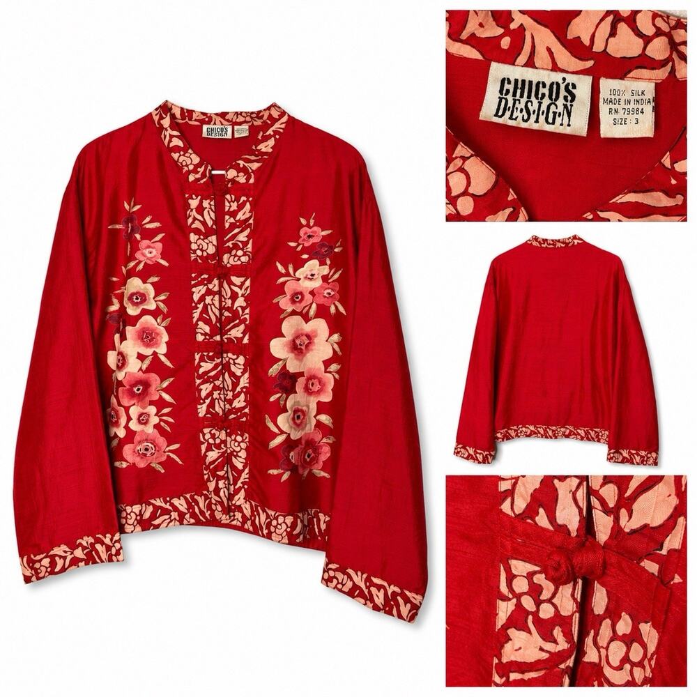 Vintage Chico's 3 XL Design Top Red Silk Mandarin Collar Asian Style Blouse